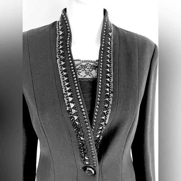 Jones New York long black tuxedo style blazer jacket shiny beaded V neck collar - Picture 3 of 15